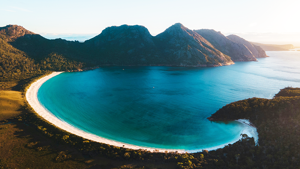 Arial view of Wineglass Bay Beach, Freycinet Tasmania